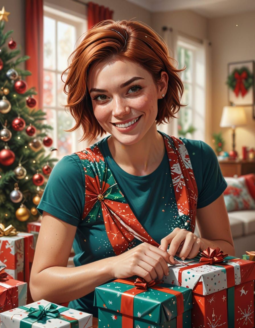 A Young Woman Wraps Christmas Presents in a Vibrant Living R...