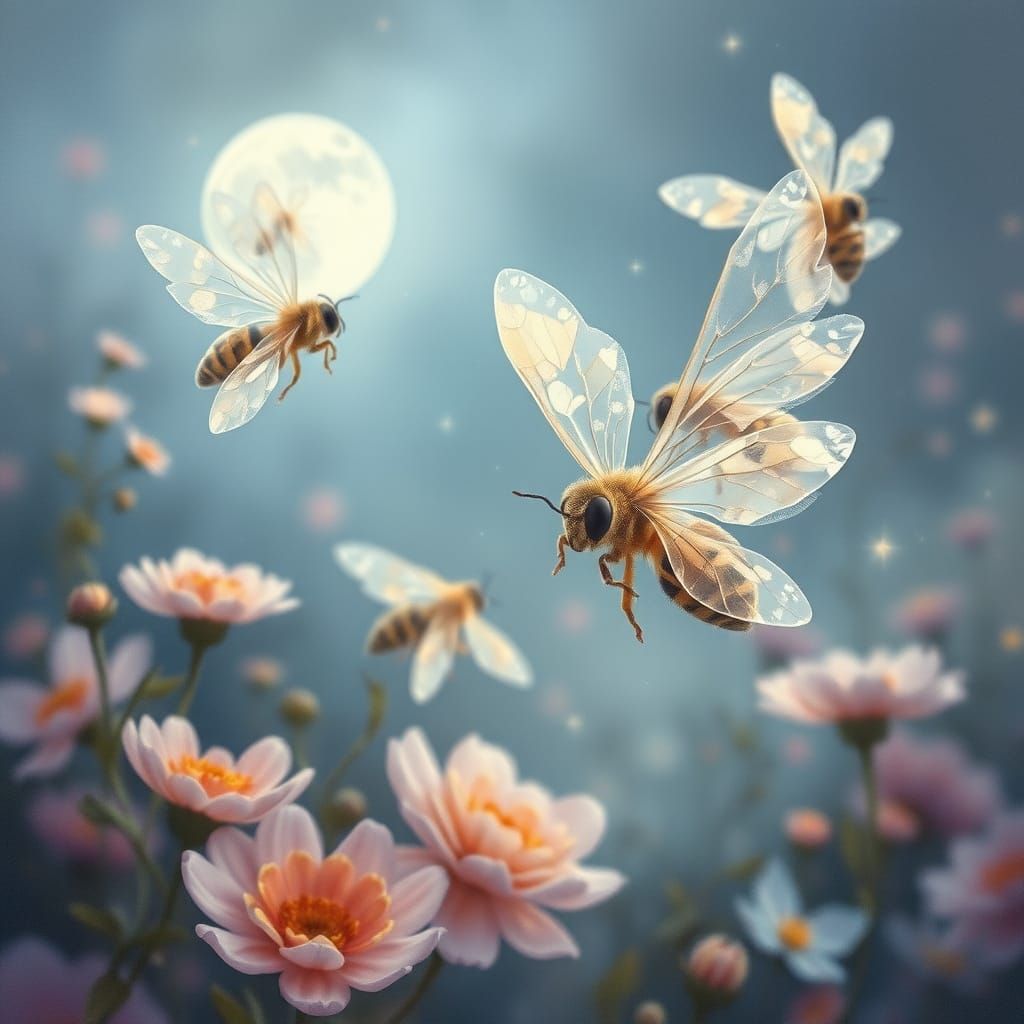 Ghostly Bees Dance in Moonlit Floral Wonderland