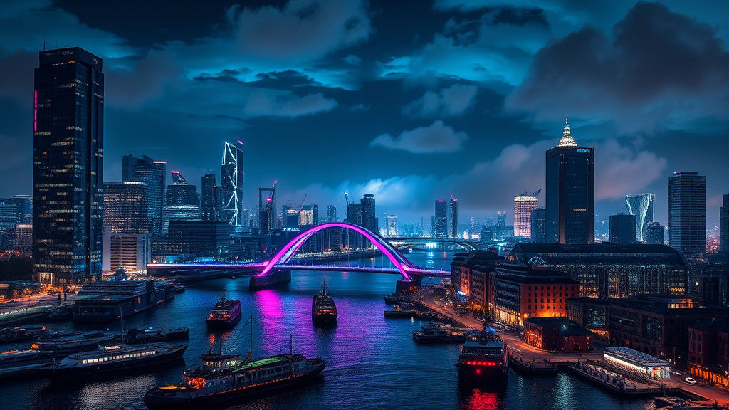 Nighttime Rotterdam Cityscape with Neon Lights