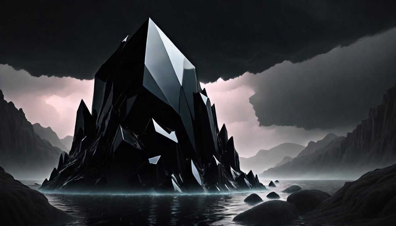 Black Crystal Floating in Stormy Wilderness