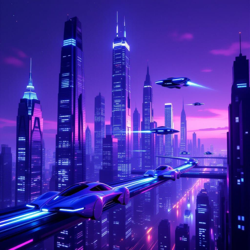 Futuristic Cityscape at Night with Flying Cars