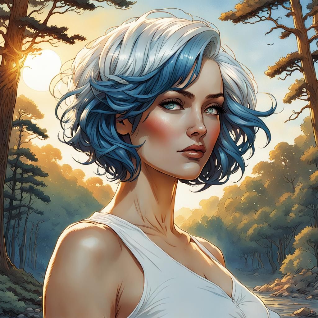 Woman with Blue Hair in Comic Style