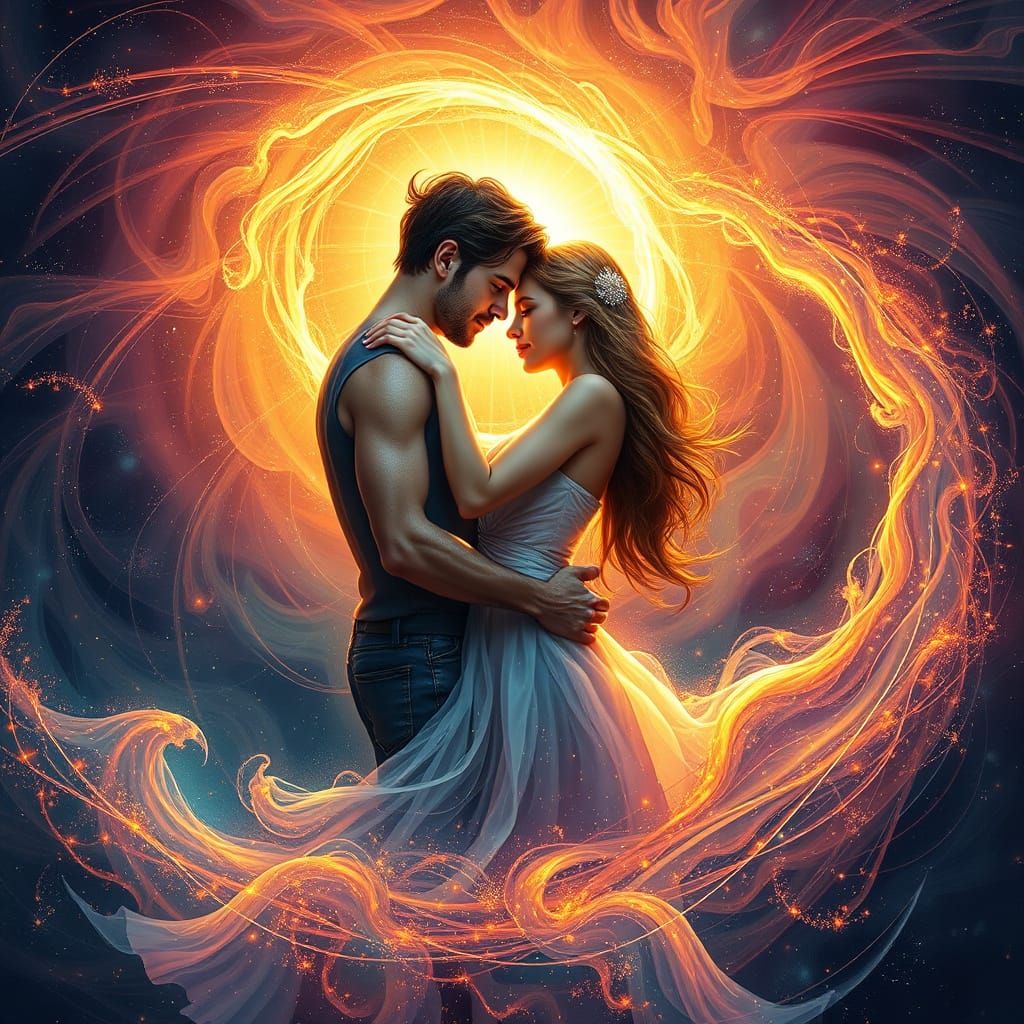 Couple Embracing Cosmic Energy in Vibrant, Ethereal Light