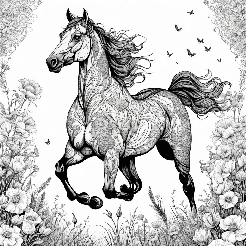 Line Art Horse Galloping Through Flowery Field