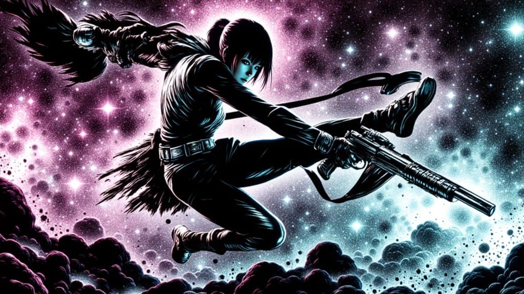 Dynamic Anime Action Scene in Techno-Fantasy Style