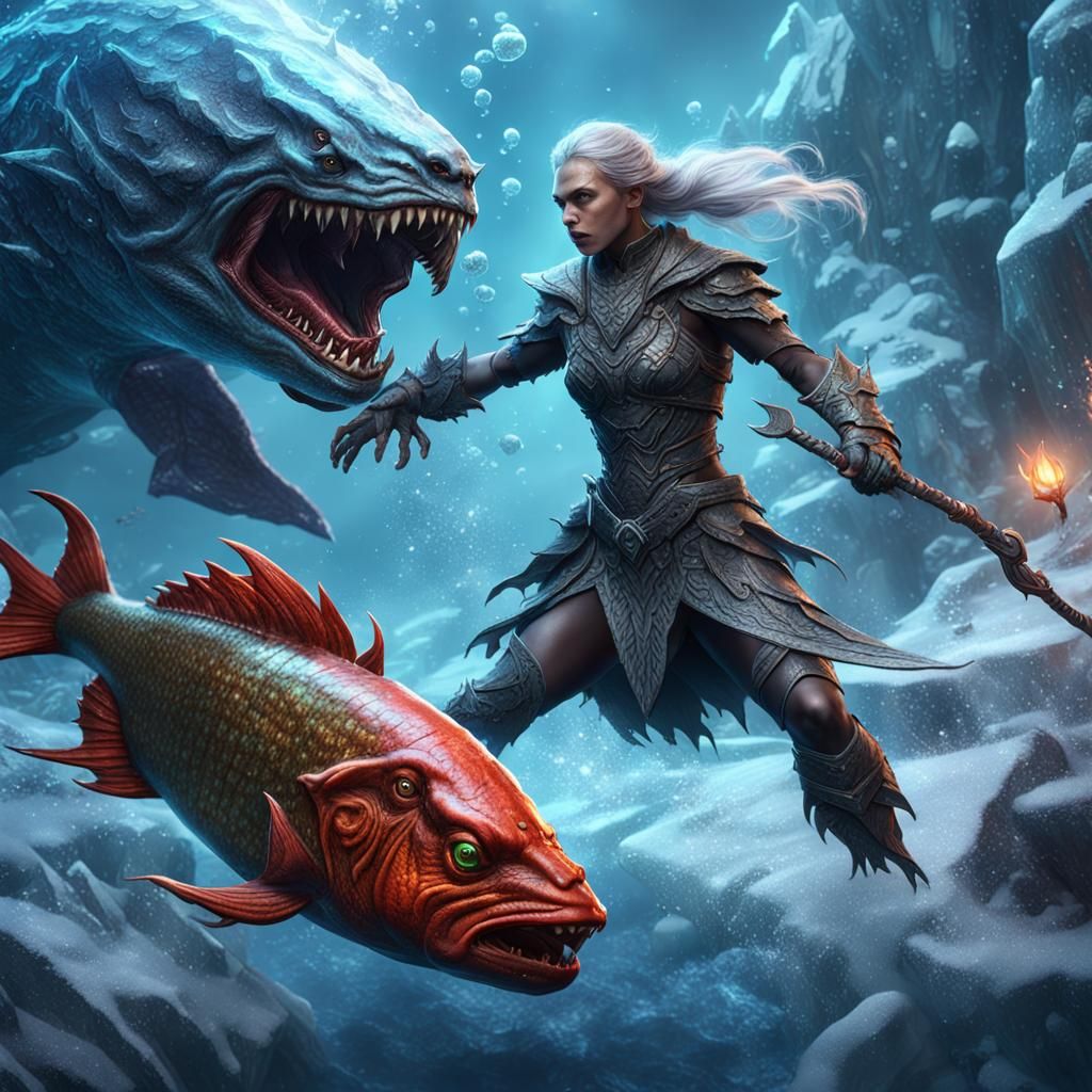 Ice Demon Battles Fish People Underwater
