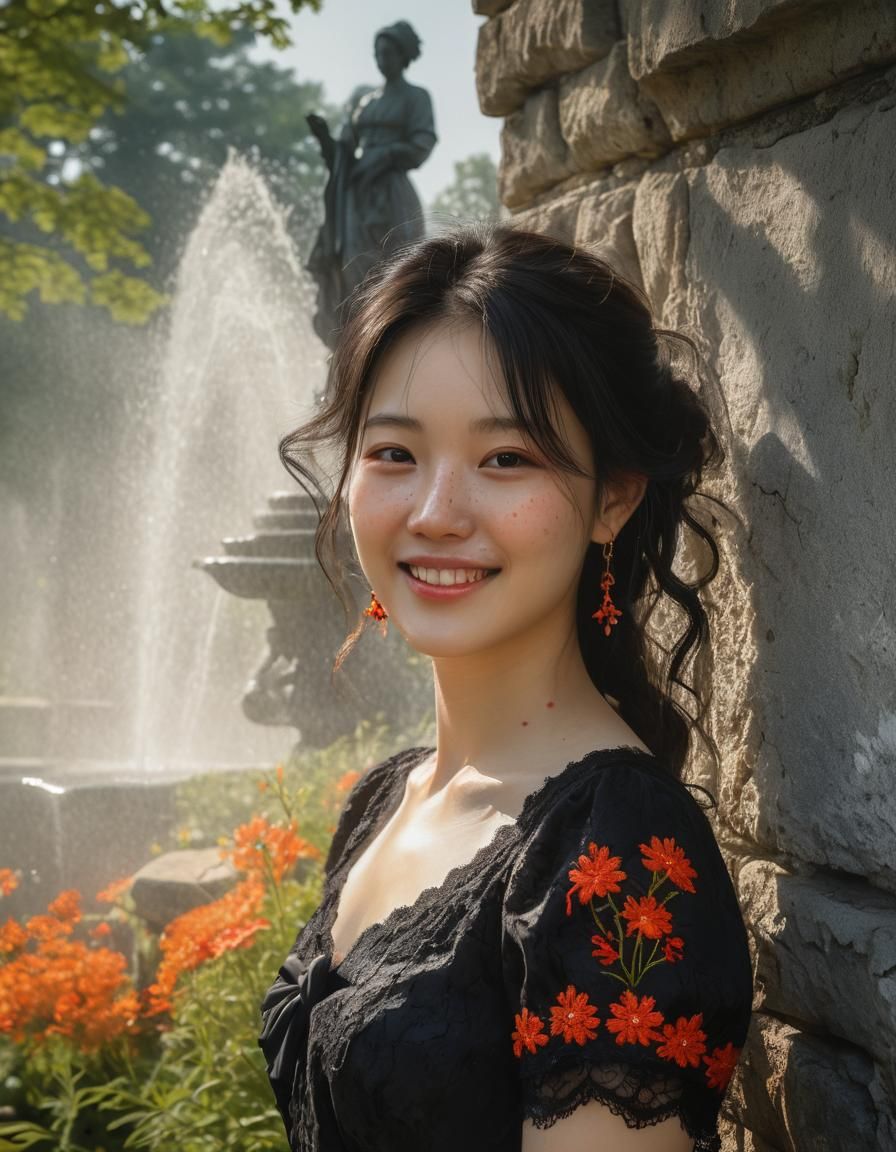 Chiaroscuro Oil Painting of Korean Woman in Park