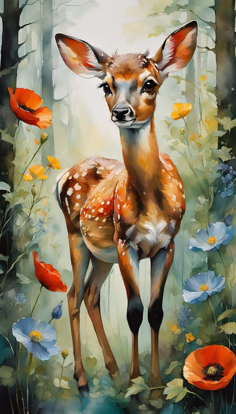 Graceful Bambi in Forest Clearing Watercolor Illustration