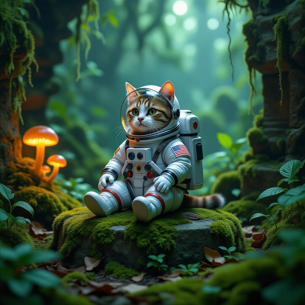 Astronaut Cat on Ancient Altar in Mystical Jungle