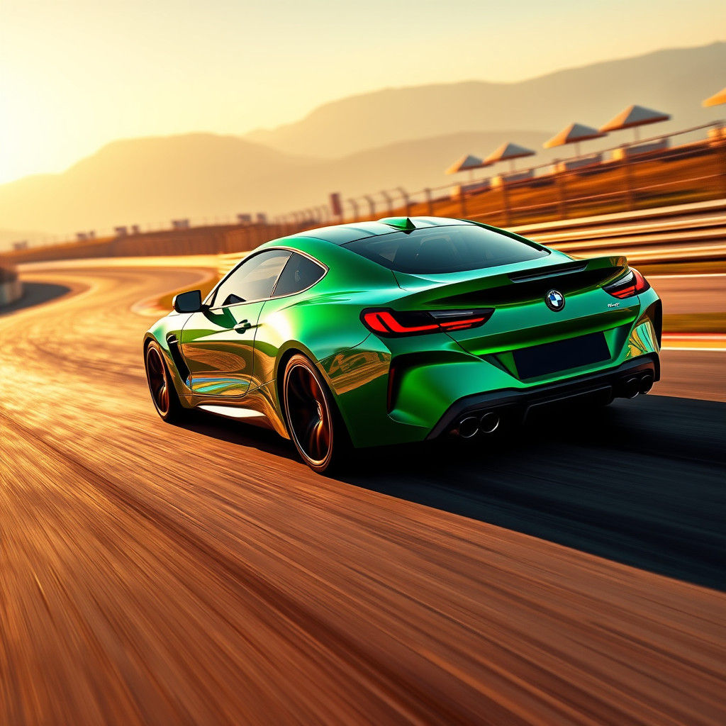 Green BMW Races to Finish Line at Sunset