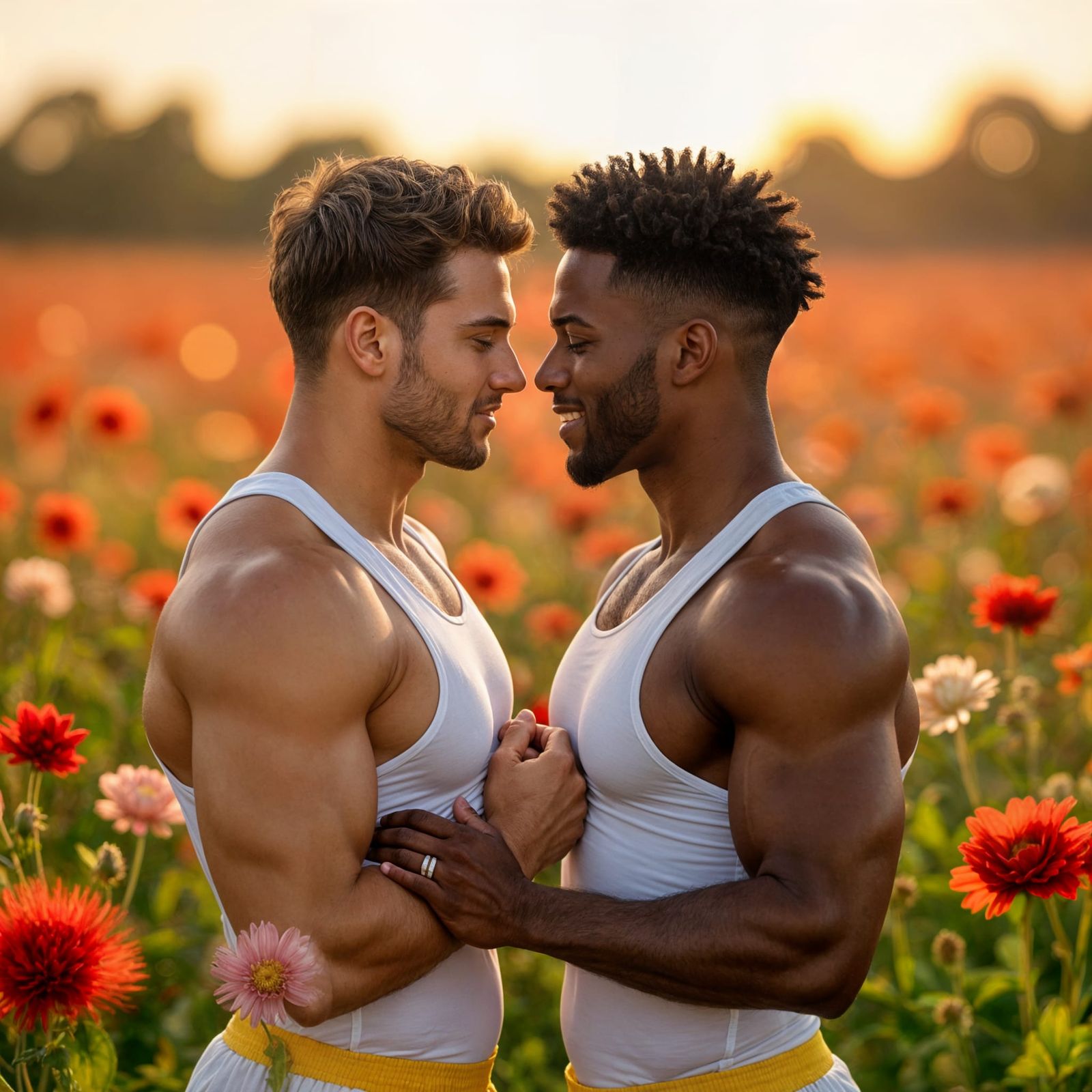 Intimate Portrait of Two Muscular Men in Floral Field