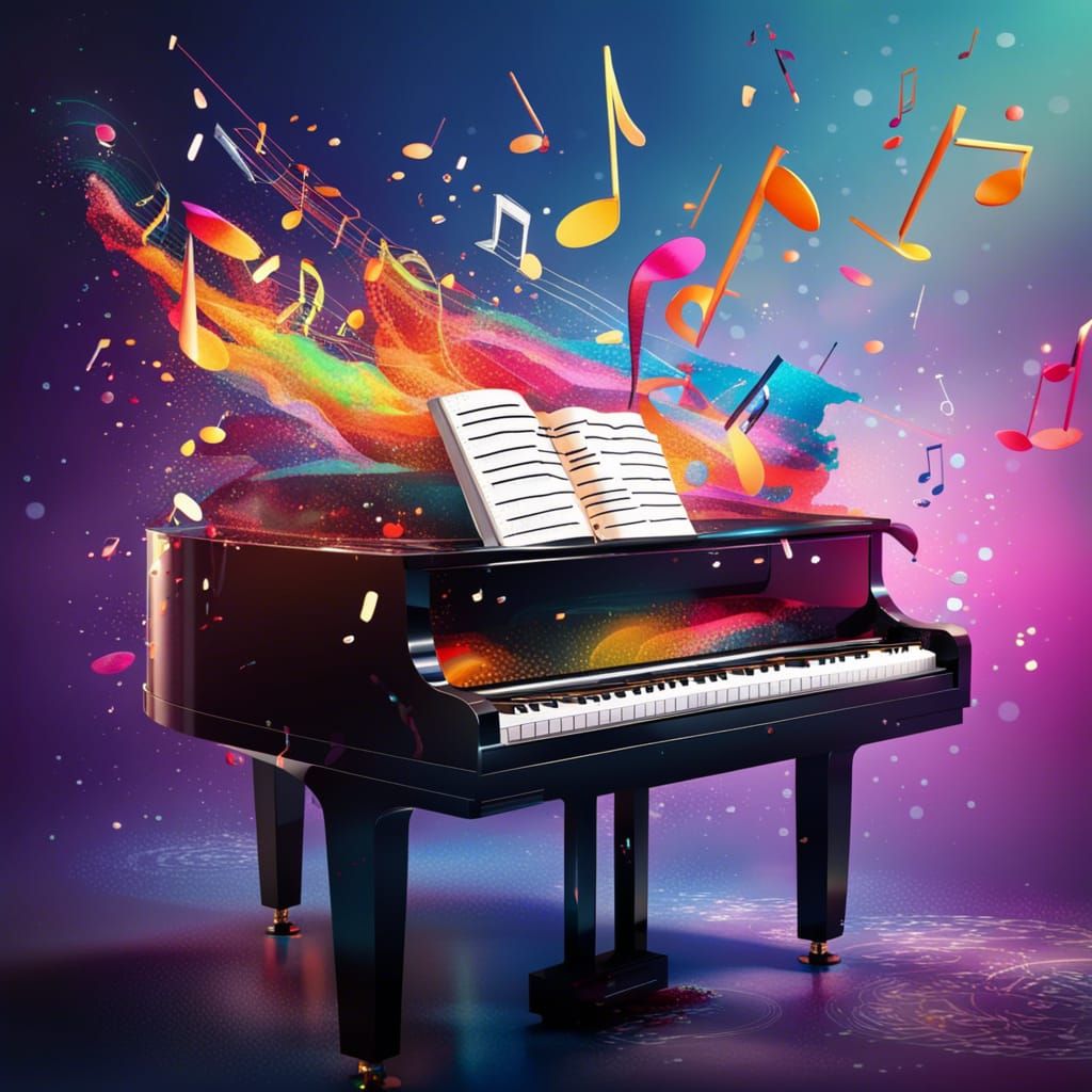 Hyperrealistic Piano with Floating Music Notes