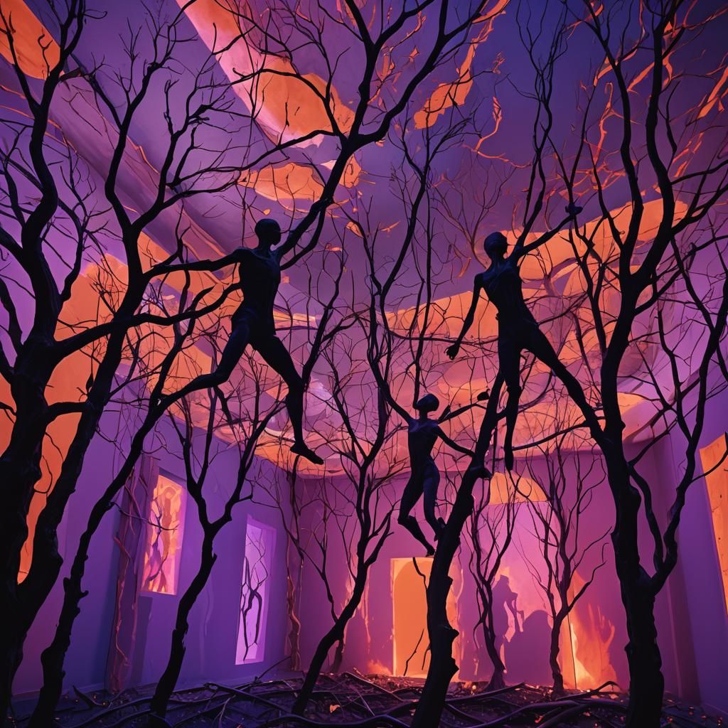 Surreal Space with Neon Lights and Dancers