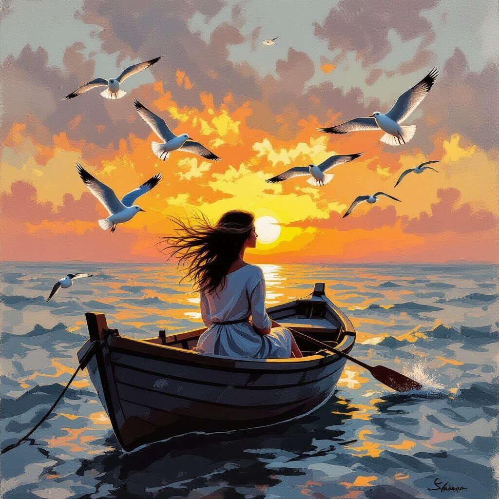 Sunset Boat Scene in Neo-Impressionistic Style