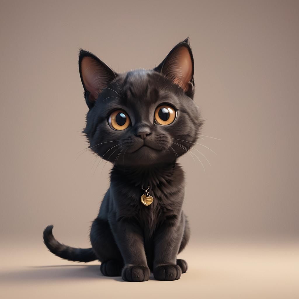 Happy Black Cat with Caramel Eyes in Pixar Style