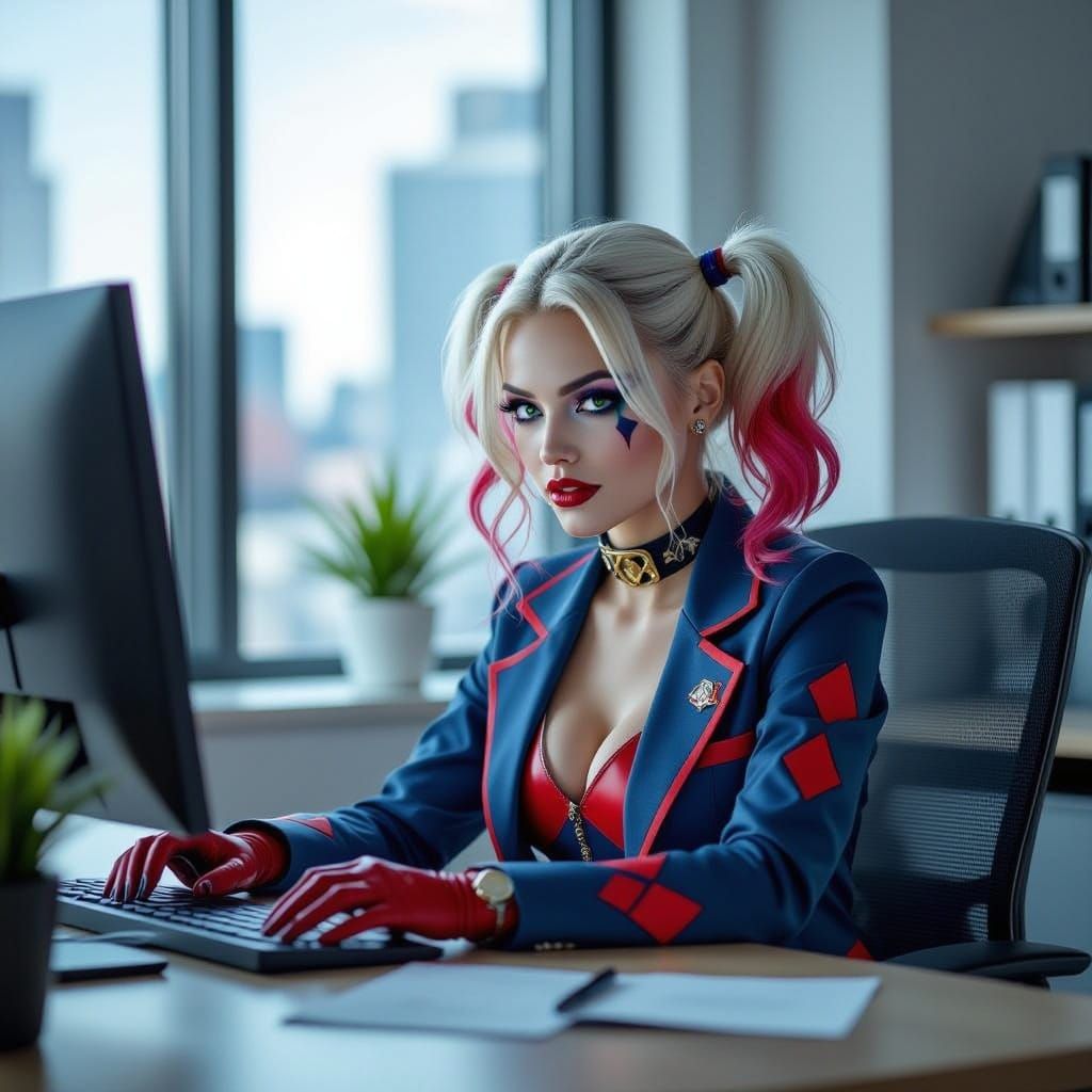Harley Quinn Secretary Working in Modern Office