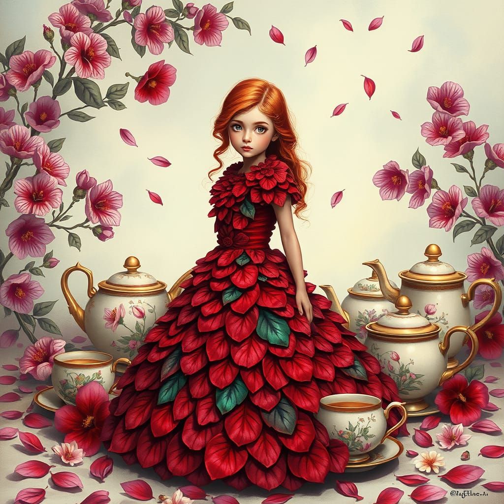 Red-Haired Goddess in Hibiscus Tea Leaf Gown