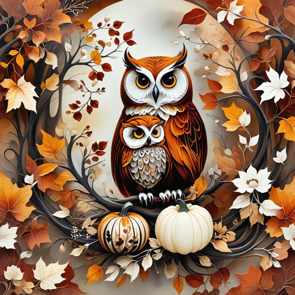 Whimsical Autumn Scene in Mixed Media Style