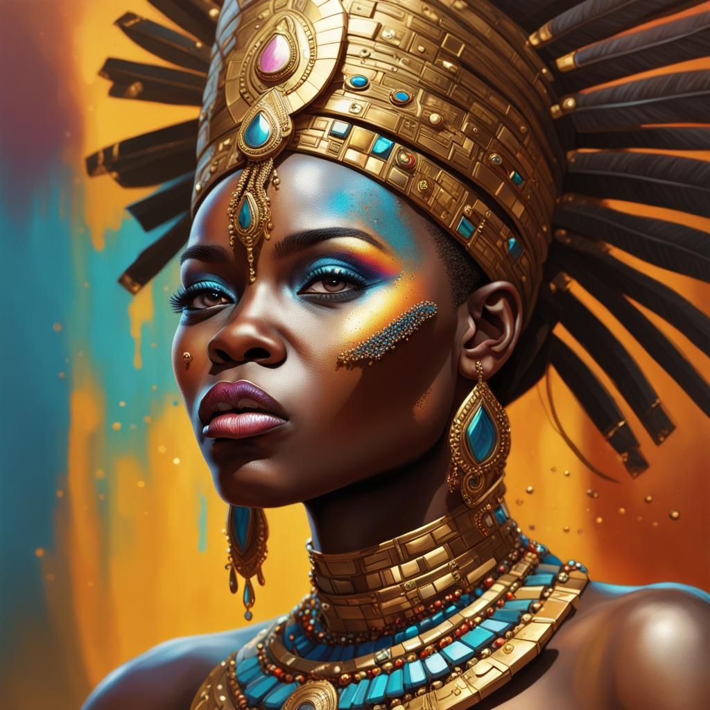 detailed African Princess, jewels, gold, war paint, Hyperrealistic, splash art, concept art, mid shot, intricately deta...
