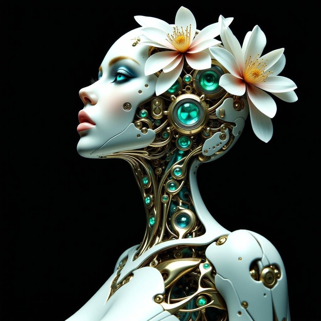 Robotic Woman with Flowers in Hyperdetailed Style