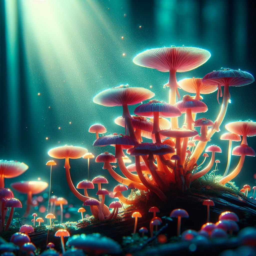 Luminous Poisonous Mushrooms in Cinematic Film Still