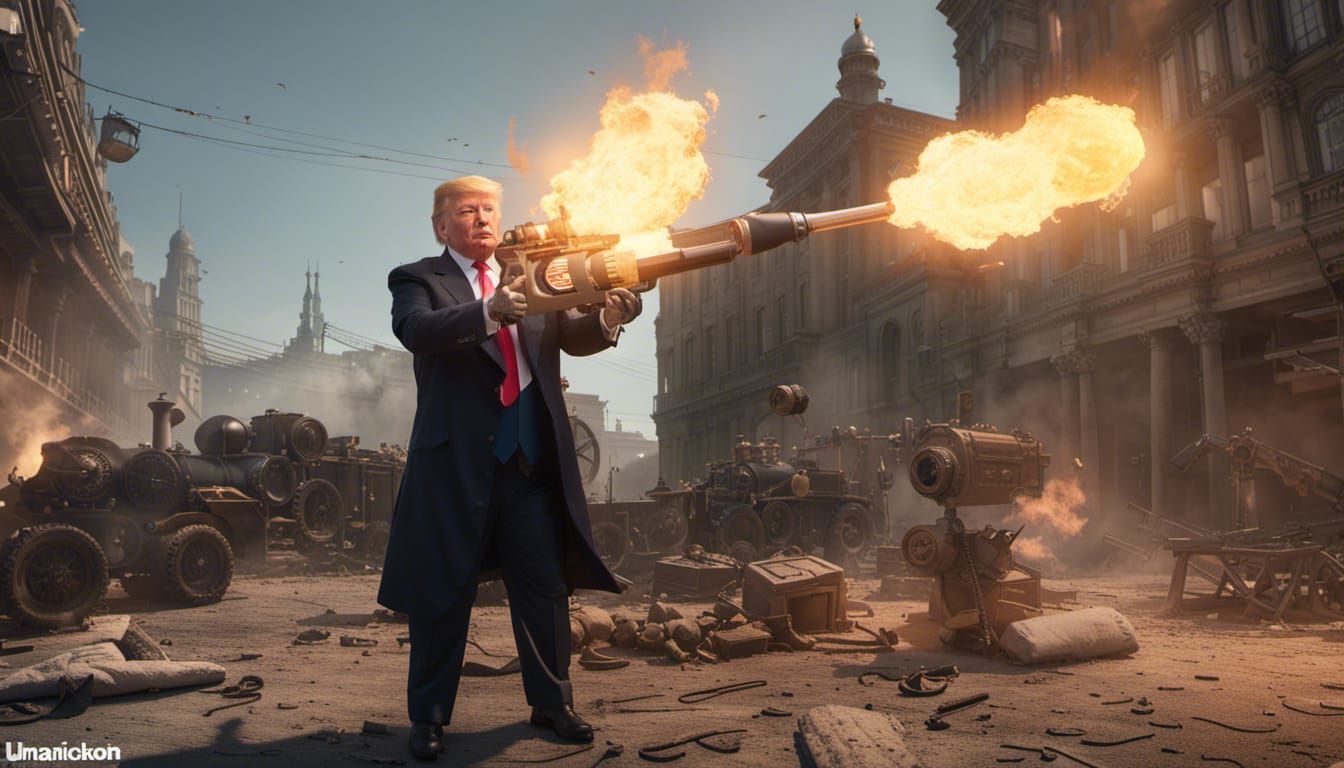 Steampunk Trump with Flamethrower: 8K Resolution