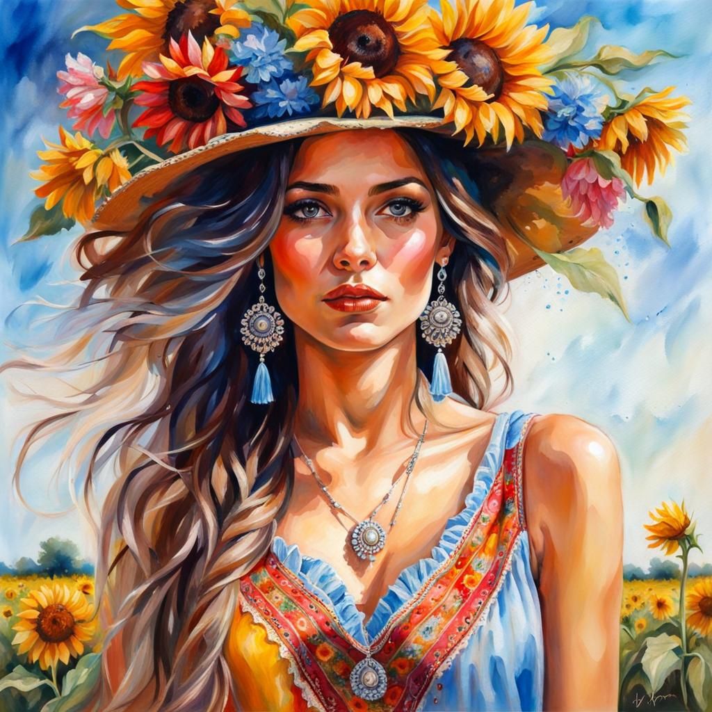 Gypsy Girl in Sunflower Field: Splash Art Portrait