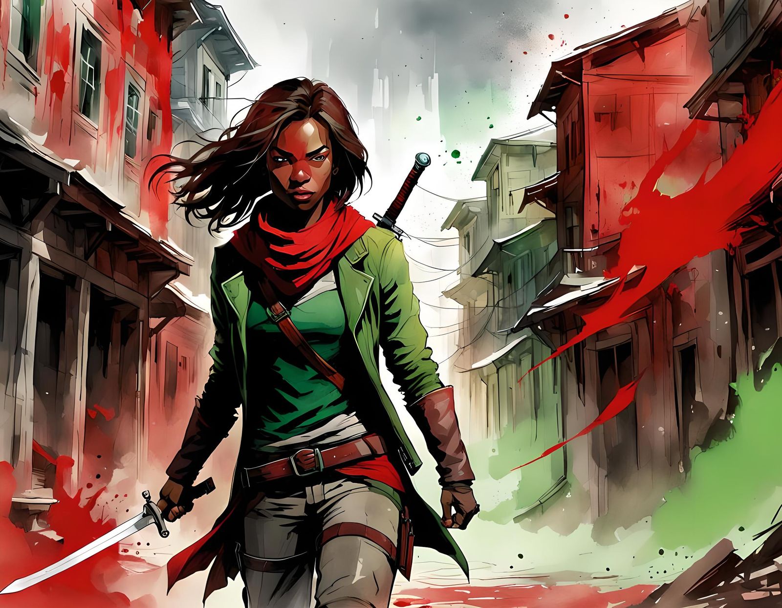 Rogue Swordfight in Abandoned Town: Digital Watercolor