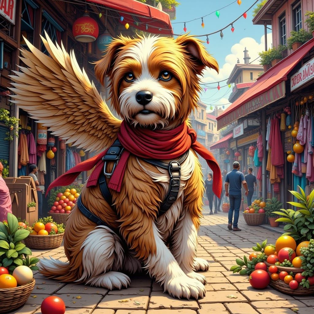 Surreal Anime Girls Style Dog Soars Through a Vibrant Market