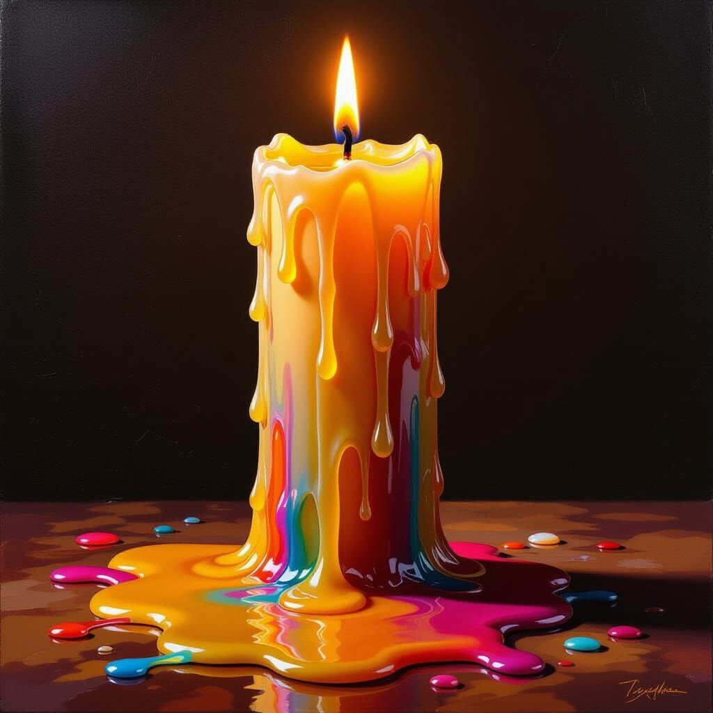 Tall Candlestick Drips Colorful Wax in Dramatic Light