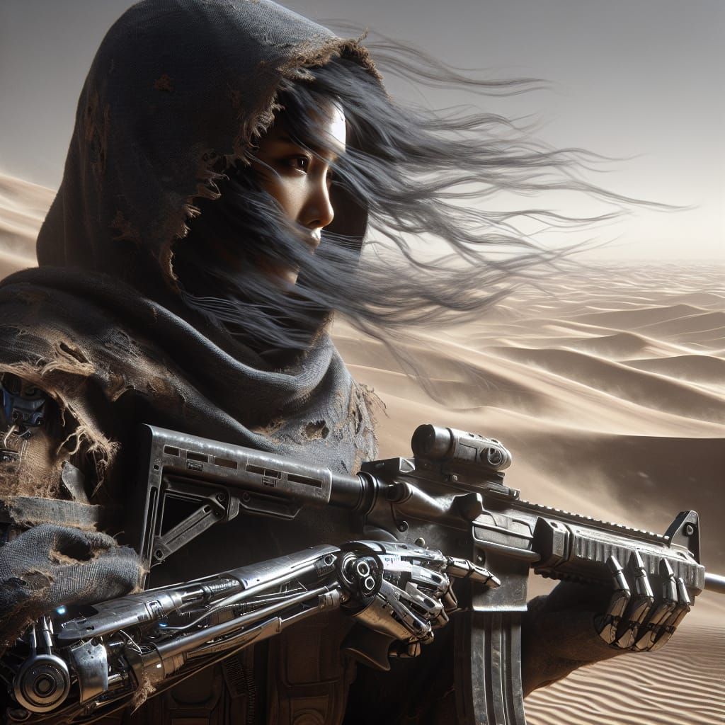 Woman with Cybernetic Arm in Dystopian Landscape