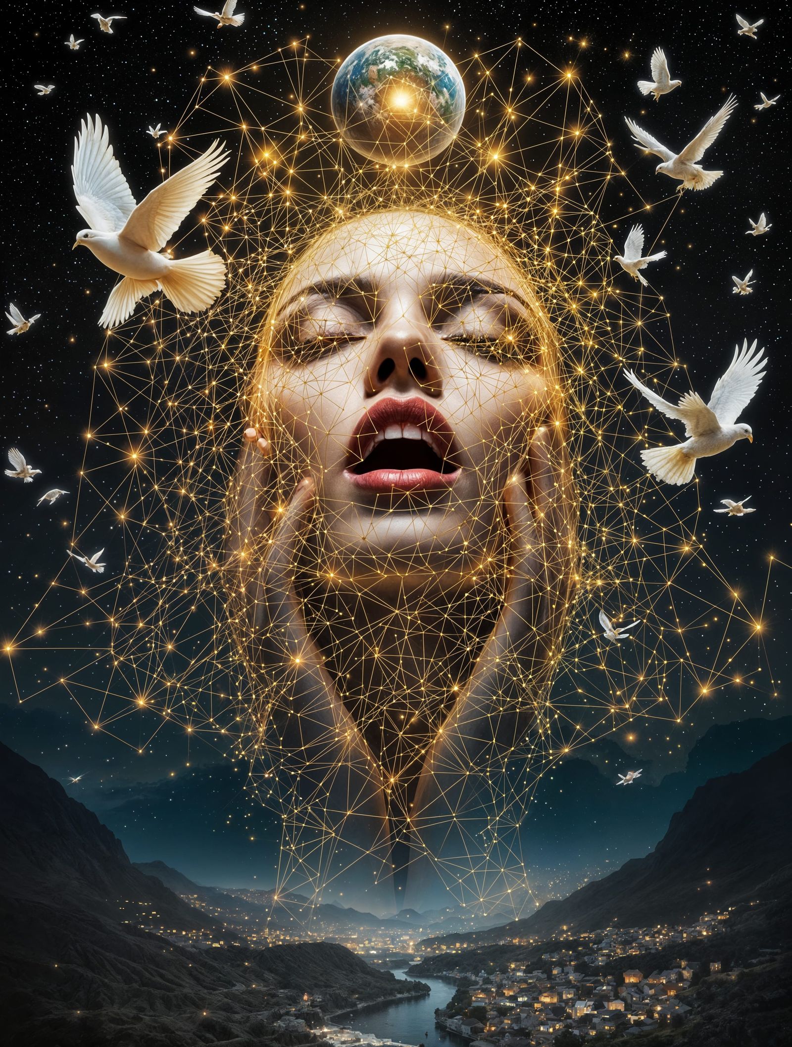 Surreal Digital Portrait of Woman in Awe Amidst Celestial La...