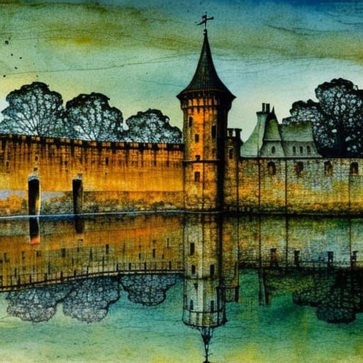 Medieval Castle and Moat at Night in Watercolor Style
