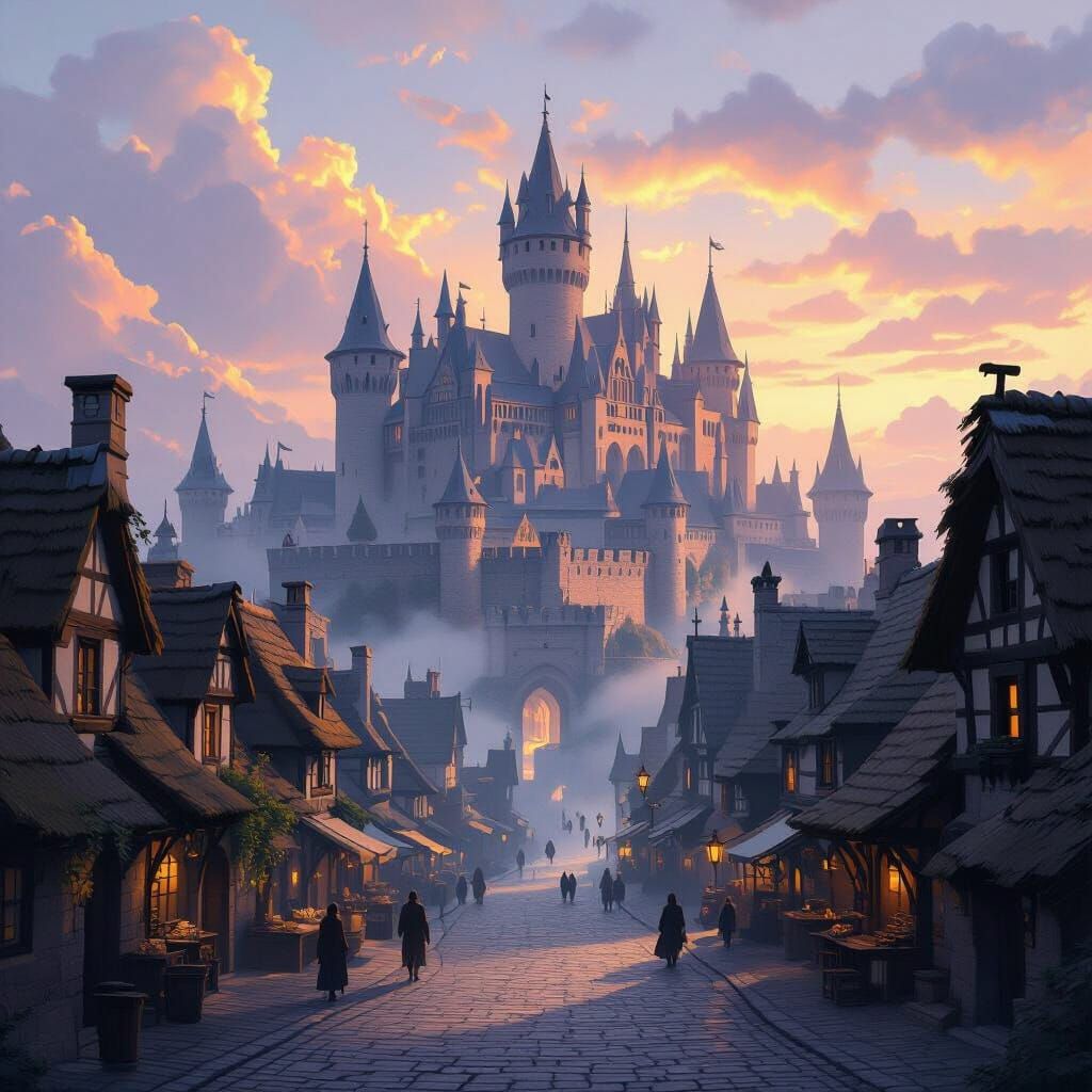 Medieval City at Dawn with Majestic Castle, Realistic Digita...