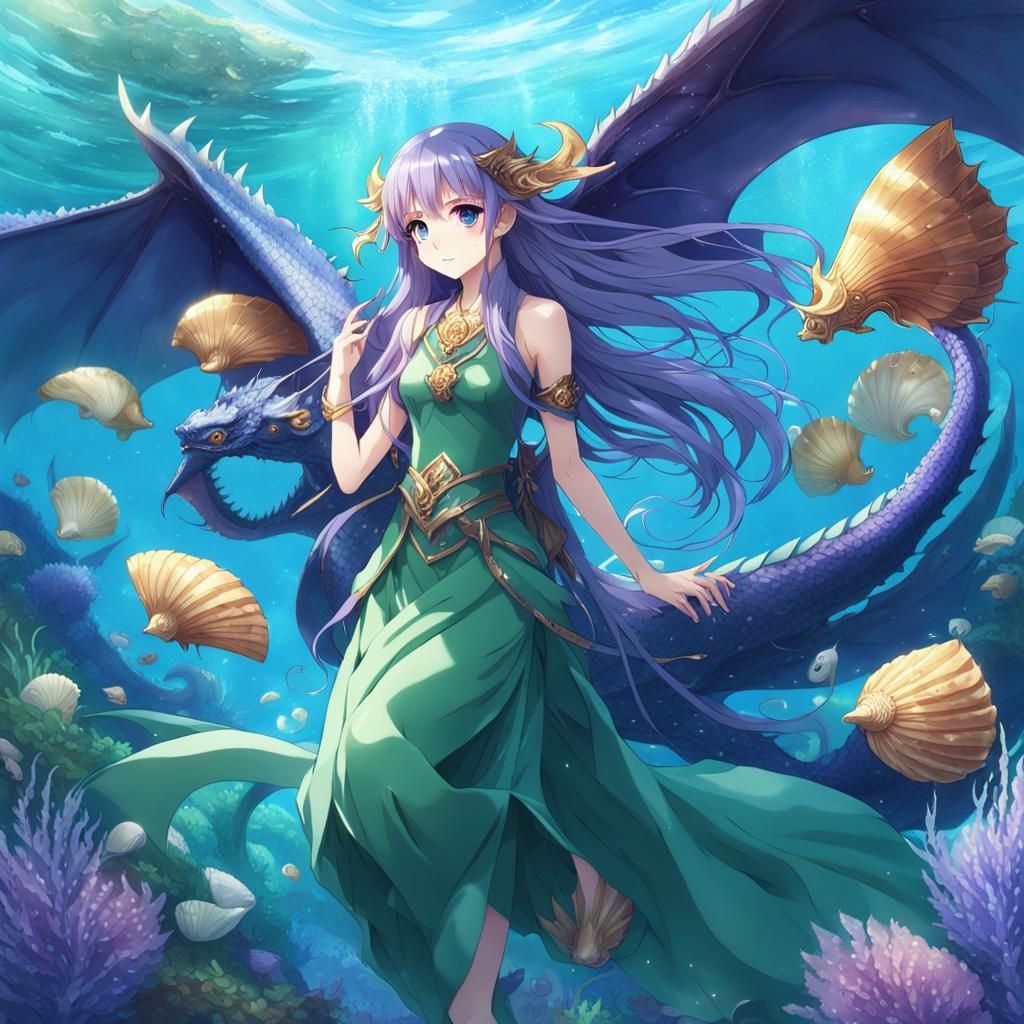 Anime Girl with Dragon Wings Underwater