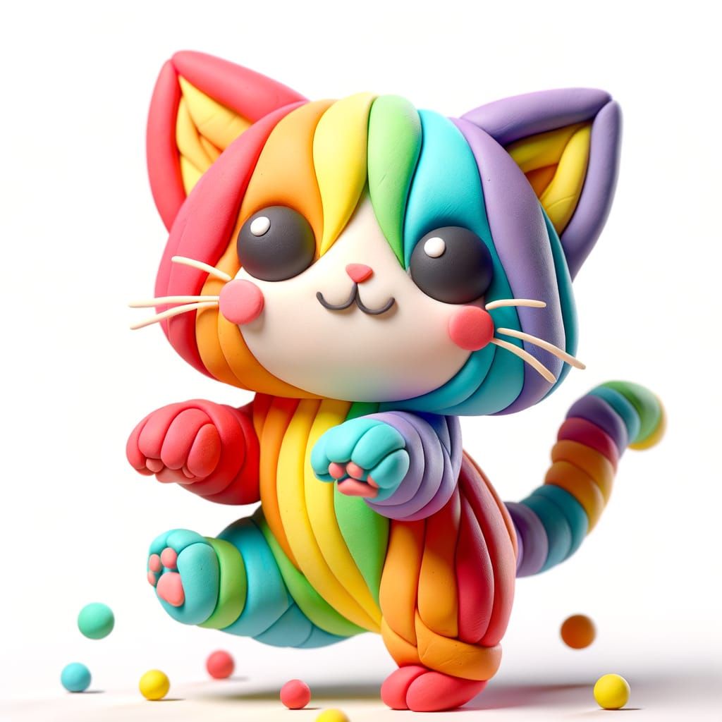 Joyful Multicolored Clay Cat in 3D Claymation