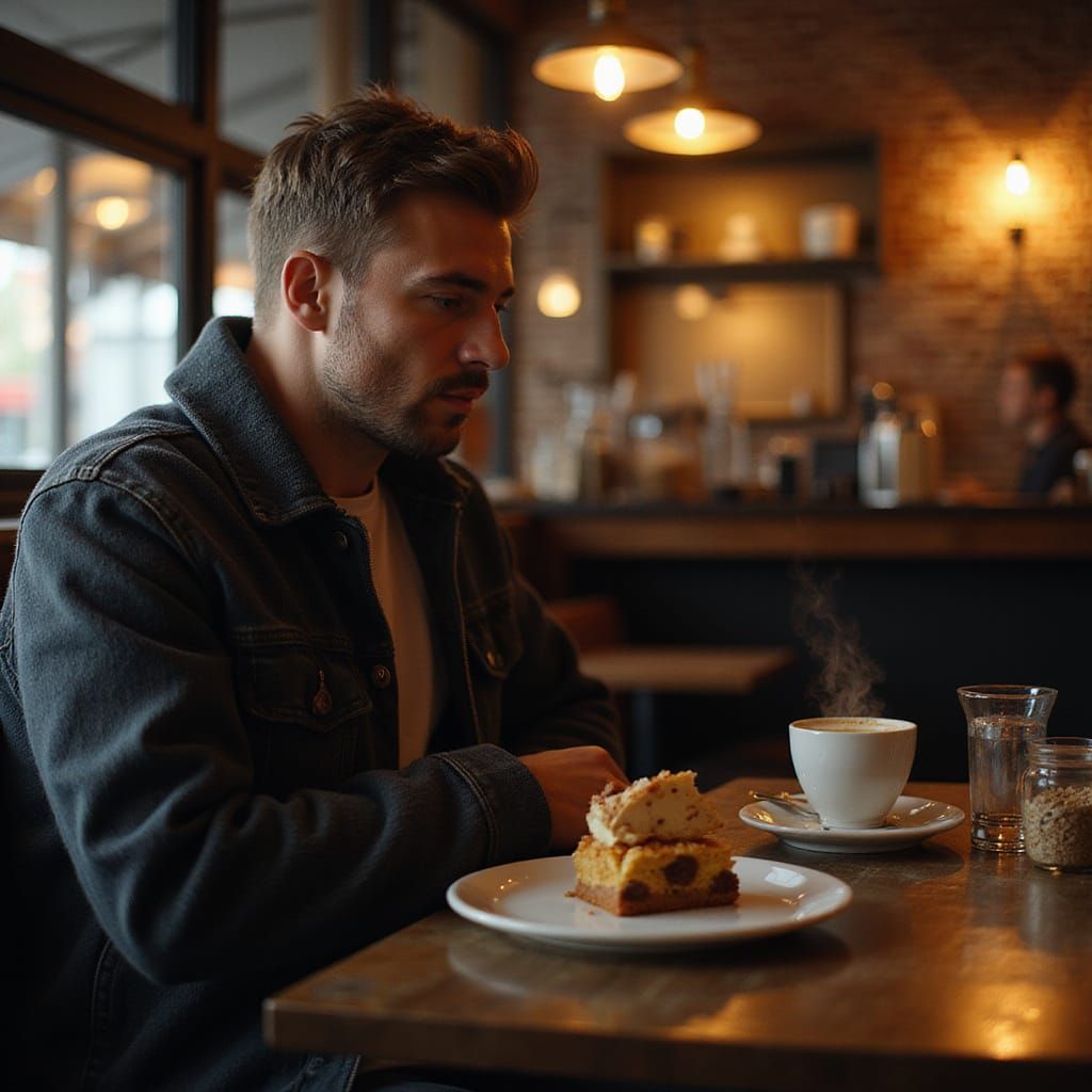 Man in Coffeehouse with Coffee and Cake
