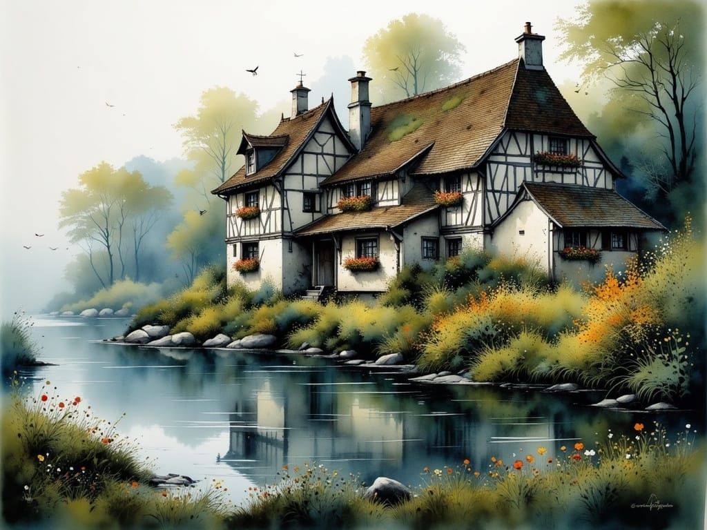 Half-Timbered Houses in Morning Fog, Watercolor Style