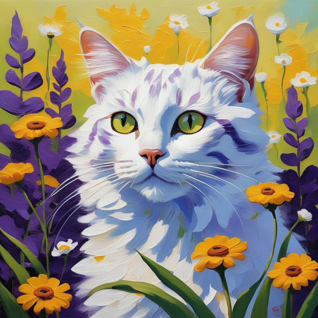 Playful White Cat Enjoys Blooming Flowers in Vibrant Oil Pai...