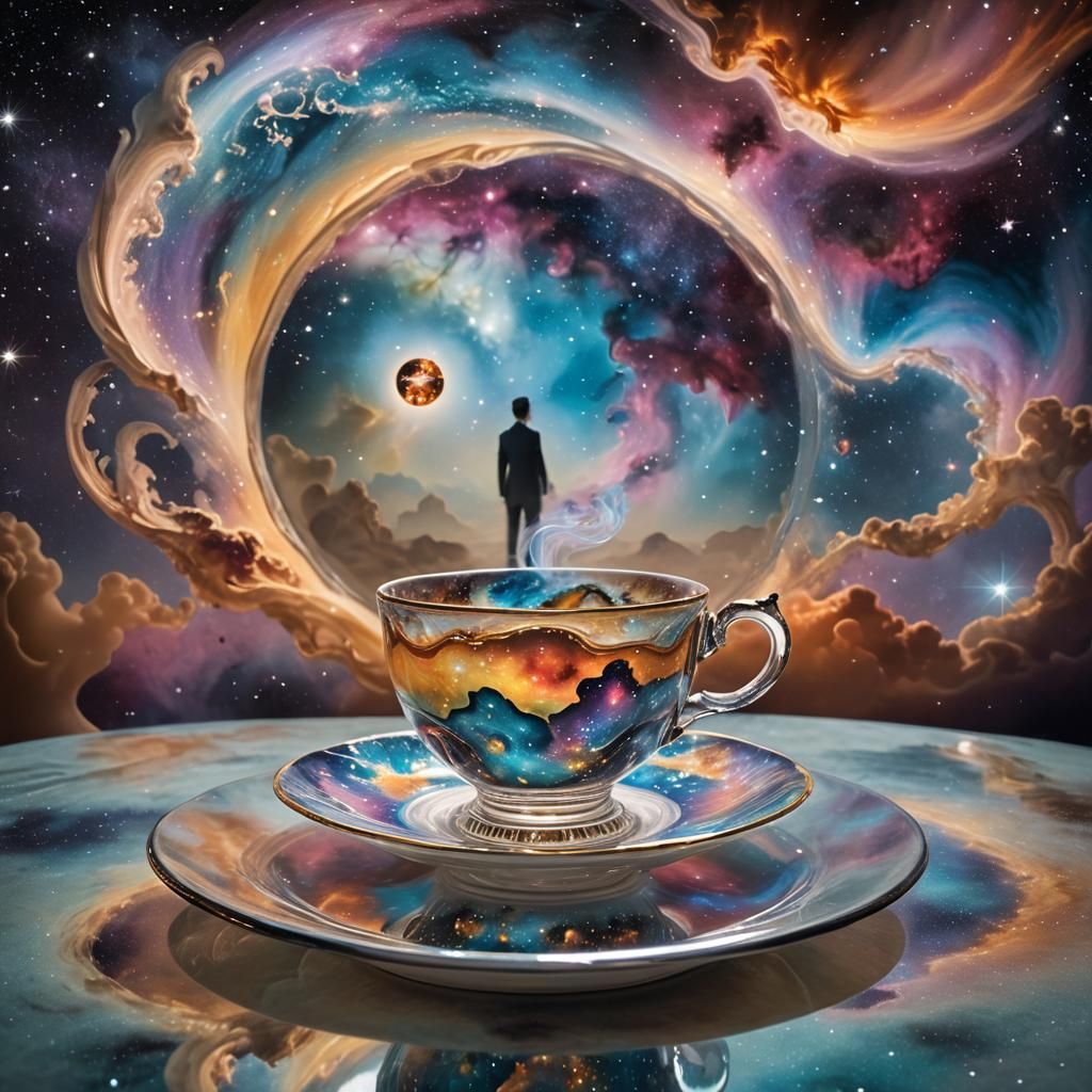Surreal Teacup Galaxy in Dreamy Mirror Reflection