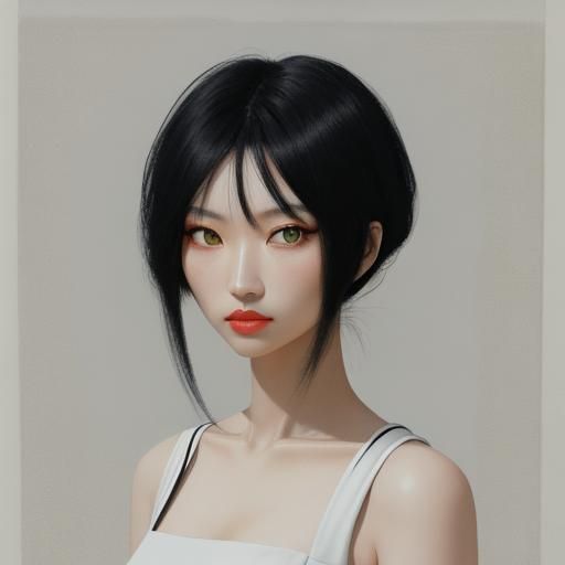 Monochrome Portrait of Asian Girl with Green Eyes