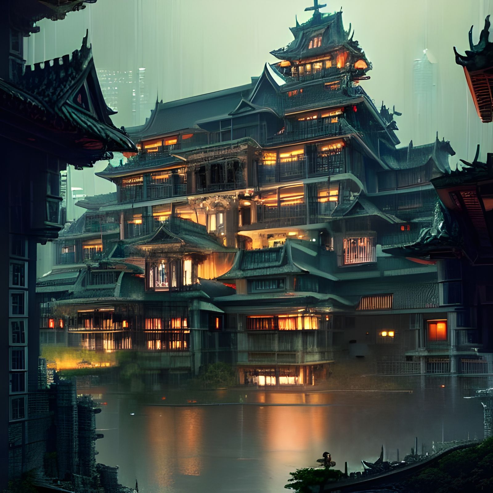 Cyberpunk Fortress Mansion Concept Art