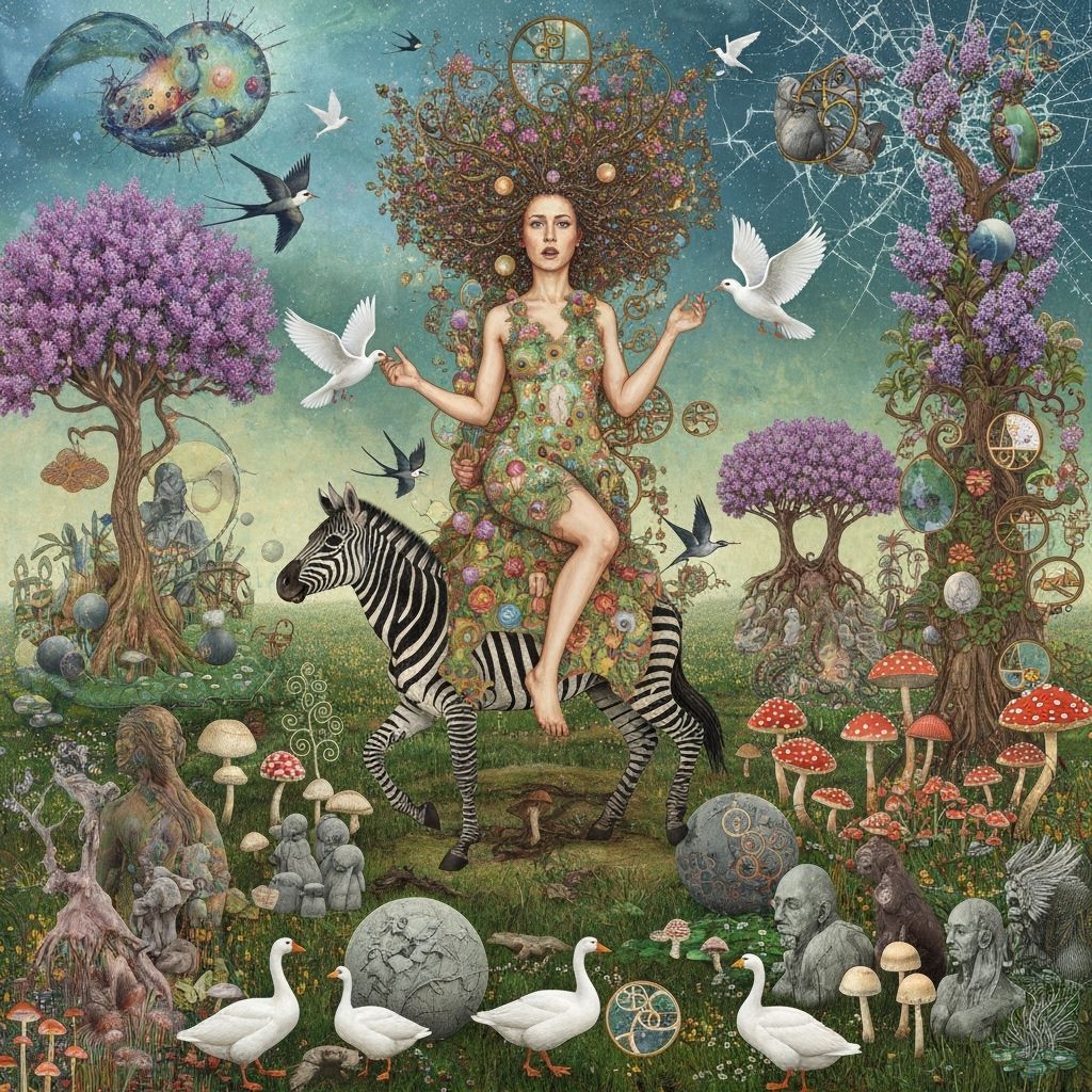Goddess of Living World on Zebra in Cosmic Surreal Garden