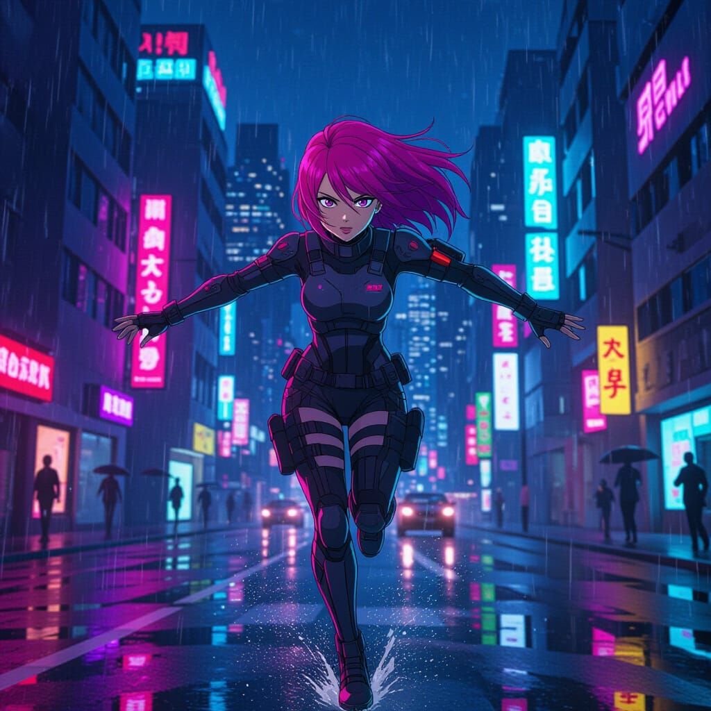 Anime Heroine Leaps Through Neon Cityscape