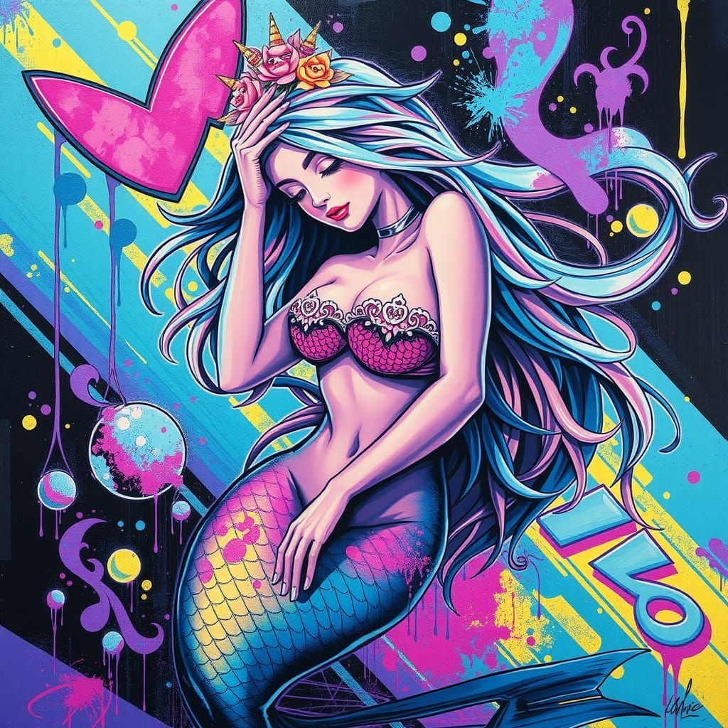 Synthwave Mermaid in Neon Graffiti Style