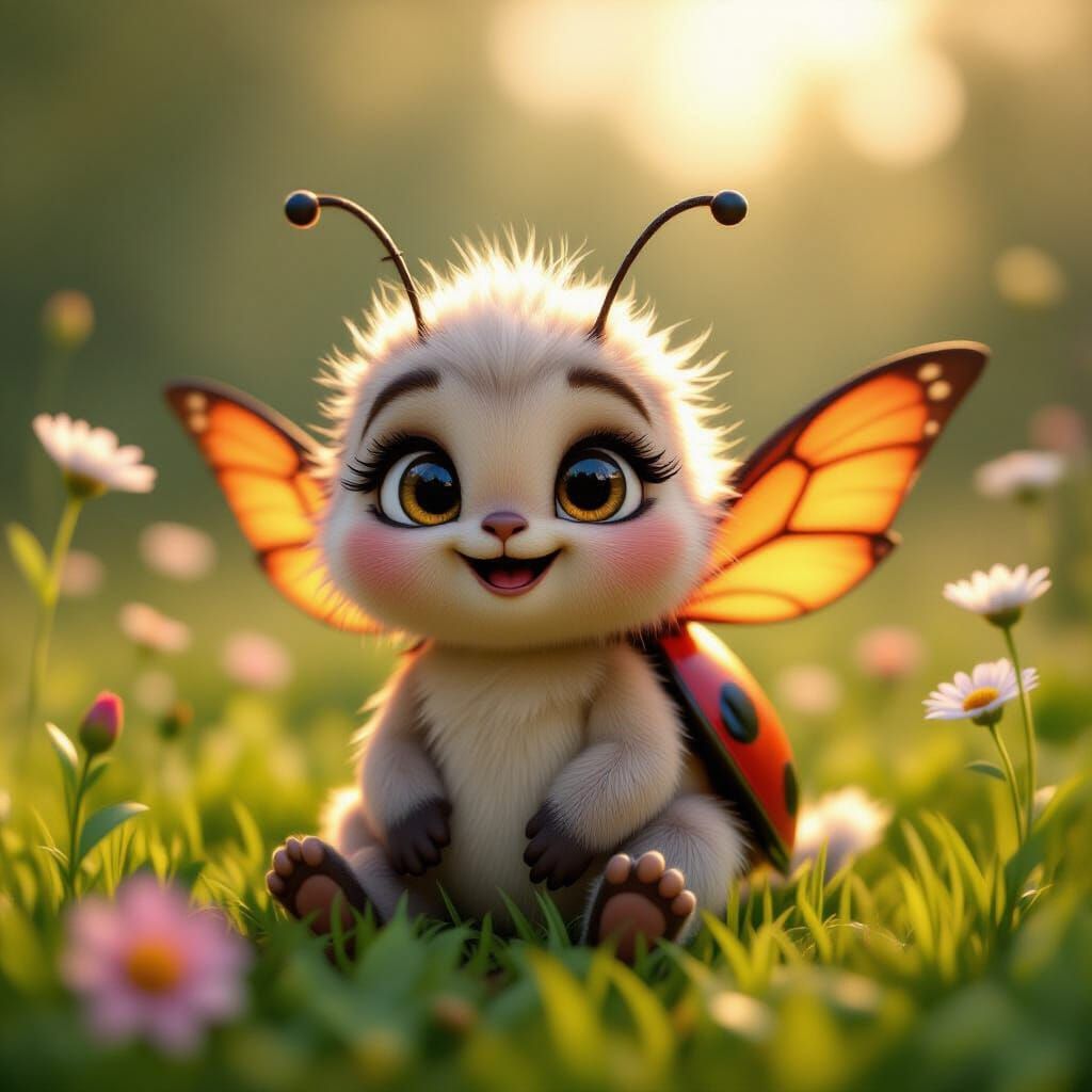 Cute Baby Butterfly-Ladybug Hybrid in Meadow, Fantasy Realis...