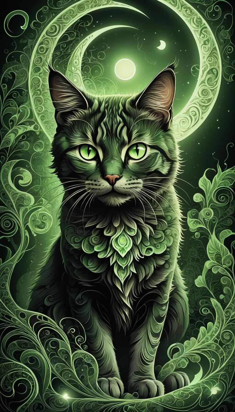 Green-Eyed Cat in Dark Stable with Fractal Elements
