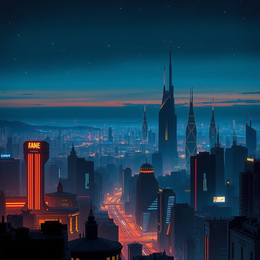 Futuristic Cityscape at Twilight with Neon Lights
