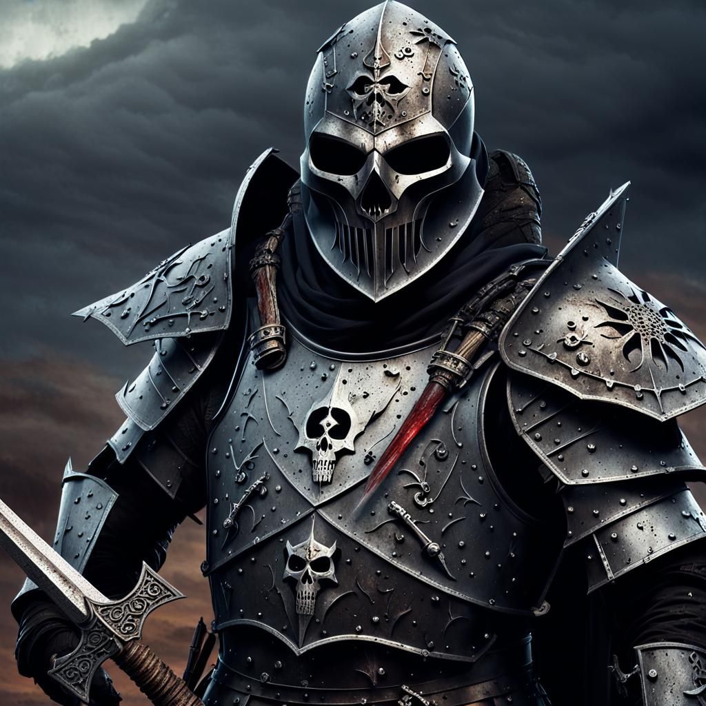 Medieval Plague Knight in Dark Iron Armor, Haunting Atmosphe...