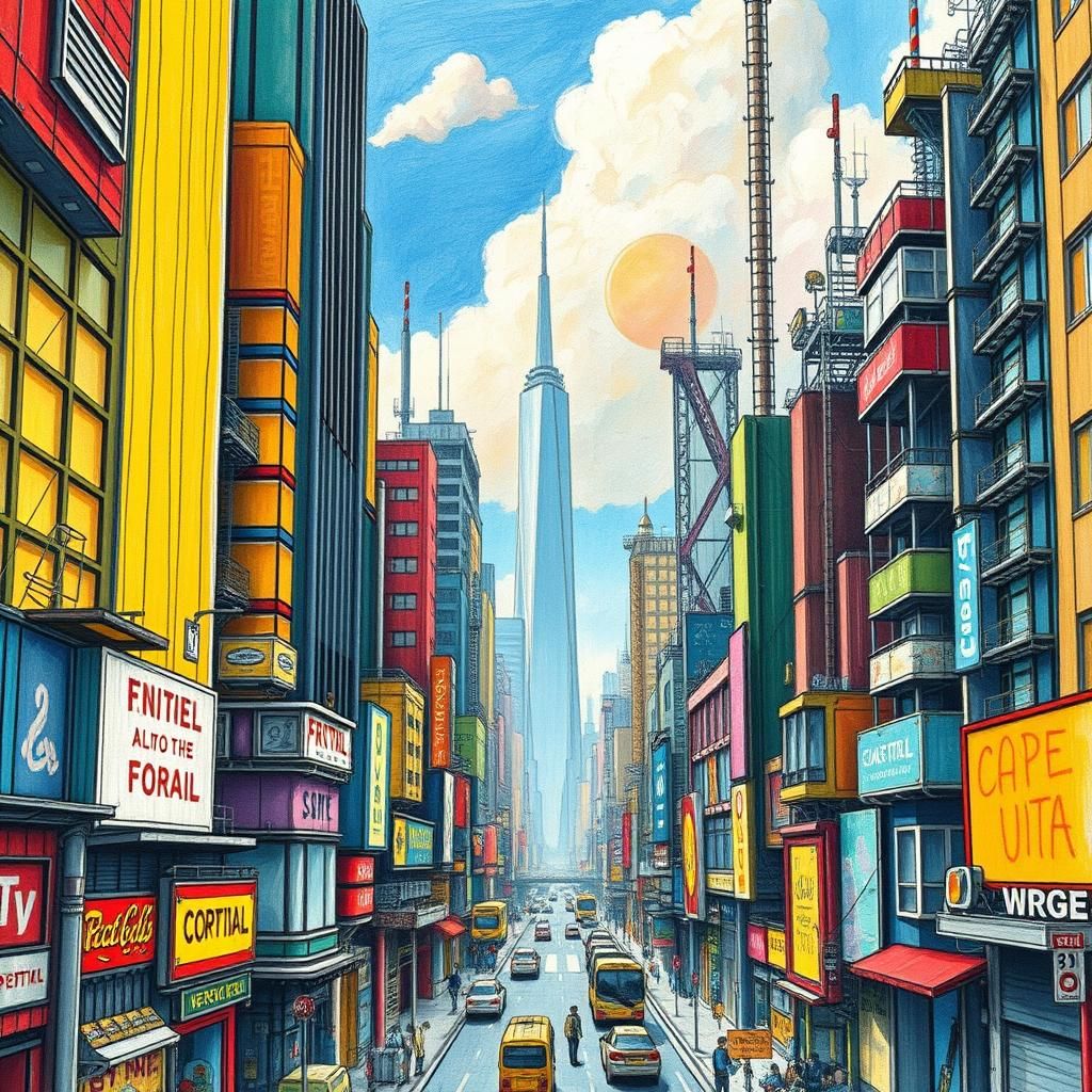Whimsical Cityscape in Colored Pencil Style